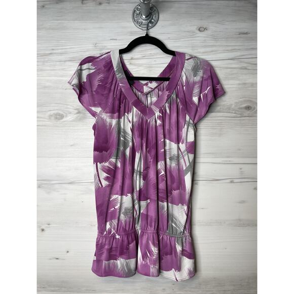 Apostrophe Tops - Apostrophe Blouse Womens Small Purple Gray White Short Sleeve V Neck Stretch Top